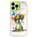 For iPhone 15 Pro Double Layer Color Silver Series Animal Oil Painting Phone Case(Green Dog)