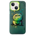 For iPhone 15 Plus Double Layer Color Silver Series Animal Oil Painting Phone Case(Green Cat)