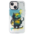 For iPhone 15 Plus Double Layer Color Silver Series Animal Oil Painting Phone Case(Angry Cat)