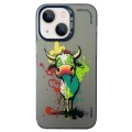 For iPhone 15 Double Layer Color Silver Series Animal Oil Painting Phone Case(Zodiac Ox)