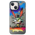 For iPhone 15 Double Layer Color Silver Series Animal Oil Painting Phone Case(Big Eyed Bunny)