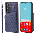 For Samsung Galaxy S23 Ultra 5G Grid Texture Card Bag Phone Case with Lanyard(Blue)