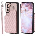 For Samsung Galaxy S22 5G Grid Texture Card Bag Phone Case with Lanyard(Rose Gold)