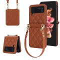 For Samsung Galaxy Z Flip4 Rhombic Texture Phone Case with Long & Short Lanyard(Brown)