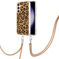For Samsung Galaxy S23 FE 5G Electroplating Dual-side IMD Phone Case with Lanyard(Leopard Print)
