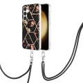 For Samsung Galaxy S24 5G Electroplating Splicing Marble Flower IMD TPU Phone Case with Lanyard(Blac