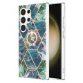 For Samsung Galaxy S24 Ultra 5G Splicing Marble Flower IMD TPU Phone Case Ring Holder(Blue Green)