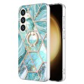 For Samsung Galaxy S24+ 5G Splicing Marble Flower IMD TPU Phone Case Ring Holder(Blue)