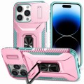 For iPhone 13 Pro Sliding Camshield Holder Phone Case(Pink + Grey Green)