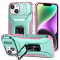 For iPhone 14 Sliding Camshield Holder Phone Case(Grey Green + Pink)