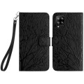 For Samsung Galaxy A22 4G Tree Birds Embossed Pattern Leather Phone Case(Black)
