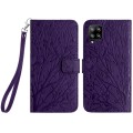 For Samsung Galaxy A42 5G Tree Birds Embossed Pattern Leather Phone Case(Purple)