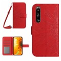 For Sony Xperia 1 VI Skin Feel Sun Flower Embossed Flip Leather Phone Case with Lanyard(Red)