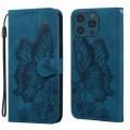 For iPhone 15 Pro Max Retro Skin Feel Butterflies Embossing Leather Phone Case(Blue)