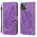 For iPhone 15 Retro Skin Feel Butterflies Embossing Leather Phone Case(Purple)
