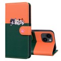 For iPhone 14 Cute Pet Series Color Block Buckle Leather Phone Case(Dark Green)