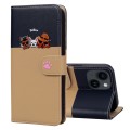For iPhone 15 Plus Cute Pet Series Color Block Buckle Leather Phone Case(Khaki)