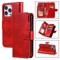 For iPhone 15 Pro Tri-Fold 9-Card Wallets Leather Phone Case(Red)
