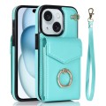 For iPhone 15 Plus Ring Holder RFID Card Slot Phone Case(Mint Green)