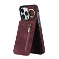 For iPhone 15 Pro Max Retro Ring and Zipper RFID Card Slot Phone Case(Wine Red)