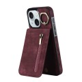 For iPhone 15 Retro Ring and Zipper RFID Card Slot Phone Case(Wine Red)