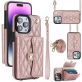 For iPhone 15 Pro Crossbody Rhombic Horizontal Wallet Leather Phone Case(Rose Gold)