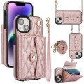 For iPhone 15 Plus Crossbody Rhombic Horizontal Wallet Leather Phone Case(Rose Gold)