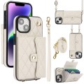 For iPhone 14 Plus Crossbody Rhombic Horizontal Wallet Leather Phone Case(White)
