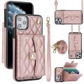 For iPhone 12 / 12 Pro Crossbody Rhombic Horizontal Wallet Leather Phone Case(Rose Gold)