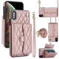 For iPhone XS / X Crossbody Rhombic Horizontal Wallet Leather Phone Case(Rose Gold)