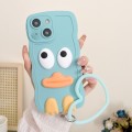 For iPhone 15 Wave Edge Big Duck Silicone Phone Case with Wristband(Blue)