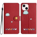 For iPhone 13 mini Cartoon Cats Leather Phone Case(Red)