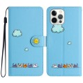 For iPhone 14 Pro Cartoon Cats Leather Phone Case(Blue)