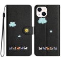 For iPhone 15 Cartoon Cats Leather Phone Case(Black)