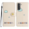 For Samsung Galaxy S21 5G Cartoon Cats Leather Phone Case(Beige White)