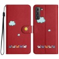 For Samsung Galaxy S21 FE 5G Cartoon Cats Leather Phone Case(Red)