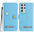 For Samsung Galaxy S21 Ultra 5G Cartoon Cats Leather Phone Case(Blue)