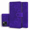For iPhone 15 Mandala Embossed Dual-Fold Calf Leather Phone Case(Purple)