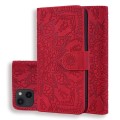 For iPhone 15 Mandala Embossed Dual-Fold Calf Leather Phone Case(Red)