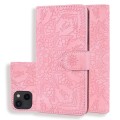 For iPhone 15 Plus Mandala Embossed Dual-Fold Calf Leather Phone Case(Pink)
