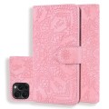 For iPhone 15 Pro Max Mandala Embossed Dual-Fold Calf Leather Phone Case(Pink)
