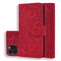 For iPhone 15 Pro Max Mandala Embossed Dual-Fold Calf Leather Phone Case(Red)