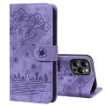 For iPhone 15 Pro Max Cartoon Sakura Cat Embossed Leather Phone Case(Purple)