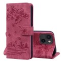 For iPhone 15 Plus Cartoon Sakura Cat Embossed Leather Phone Case(Wine Red)