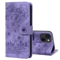 For iPhone 15 Cartoon Sakura Cat Embossed Leather Phone Case(Purple)