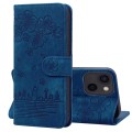 For iPhone 14 Plus Cartoon Sakura Cat Embossed Leather Phone Case(Royal Blue)