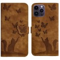 For iPhone 15 Pro Max Butterfly Cat Embossing Flip Leather Phone Case(Brown)
