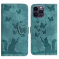 For iPhone 15 Pro Butterfly Cat Embossing Flip Leather Phone Case(Wathet)