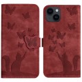 For iPhone 15 Plus Butterfly Cat Embossing Flip Leather Phone Case(Red)