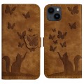 For iPhone 15 Plus Butterfly Cat Embossing Flip Leather Phone Case(Brown)